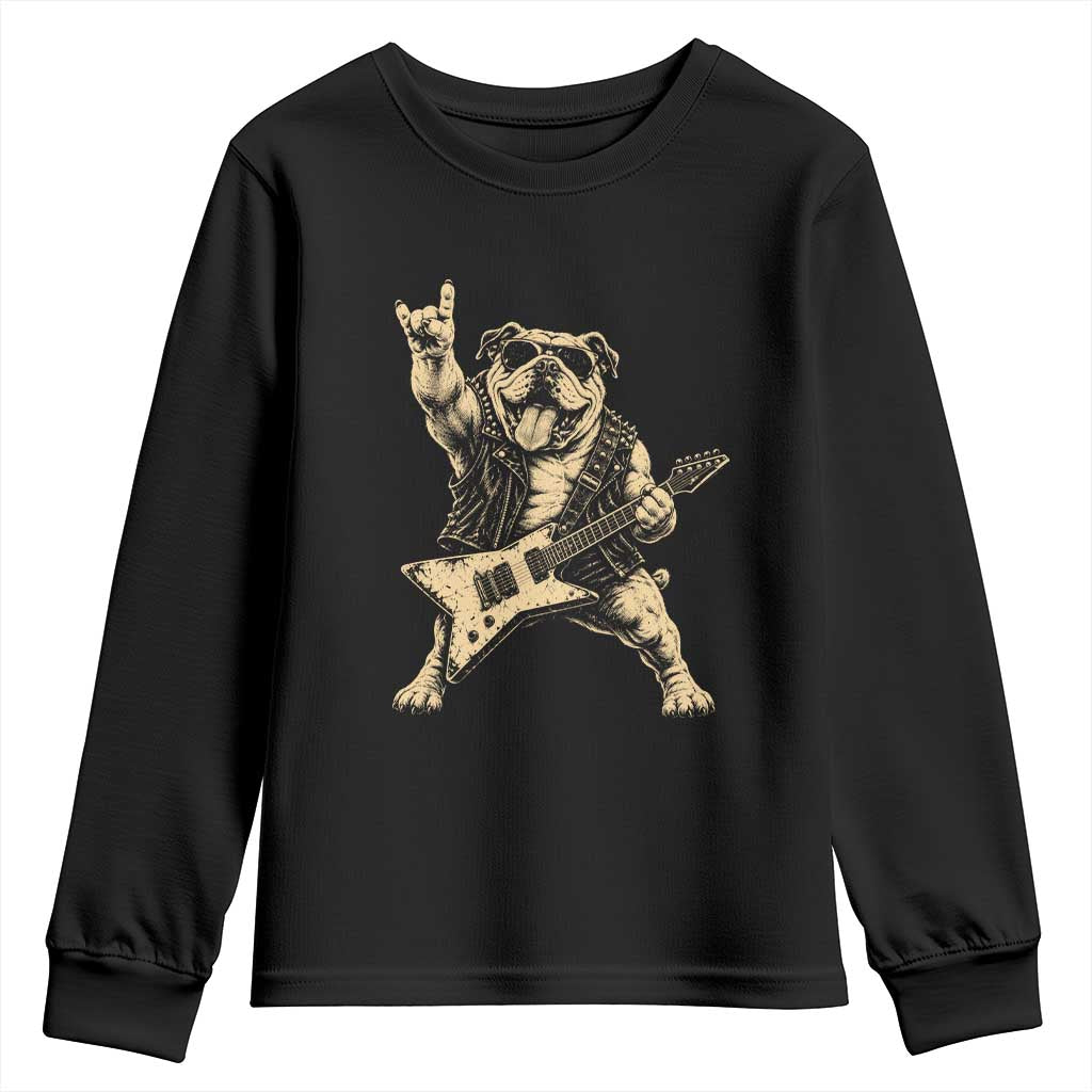 Funny Bulldog Rocker Youth Sweatshirt Playing Guitar Rock Punk Vintage Music Gift