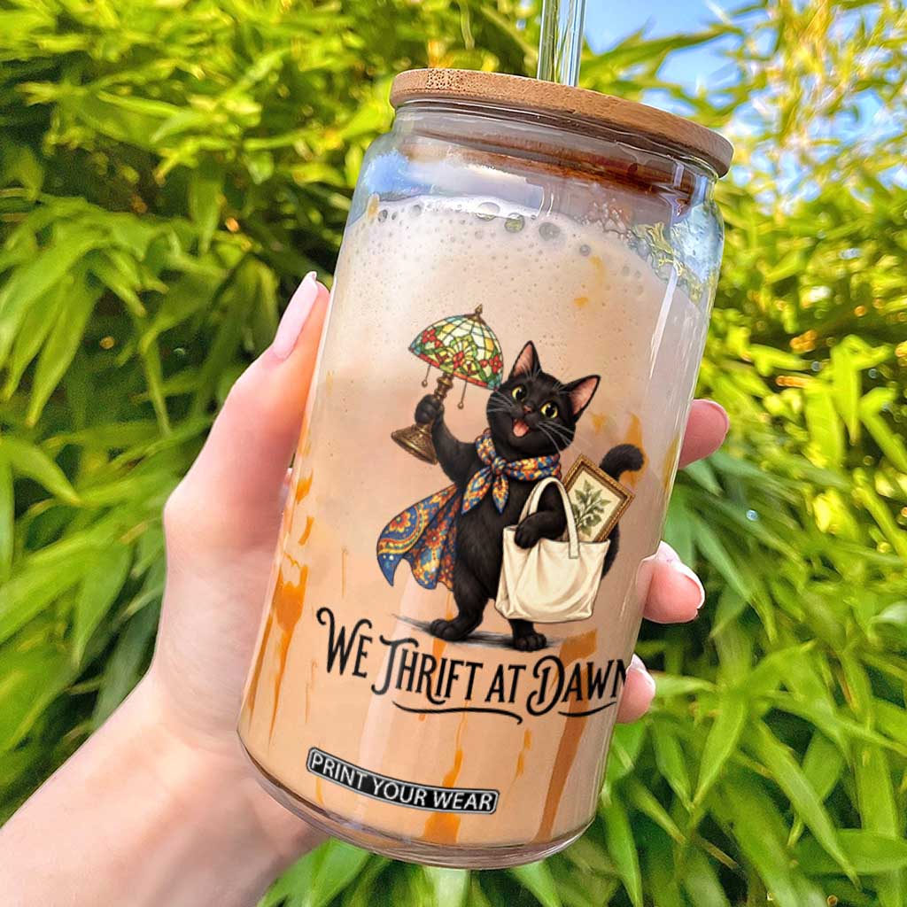 Funny Thrifting Black Cat Glass Can We Thrift At Dawn Cat Lover Gift