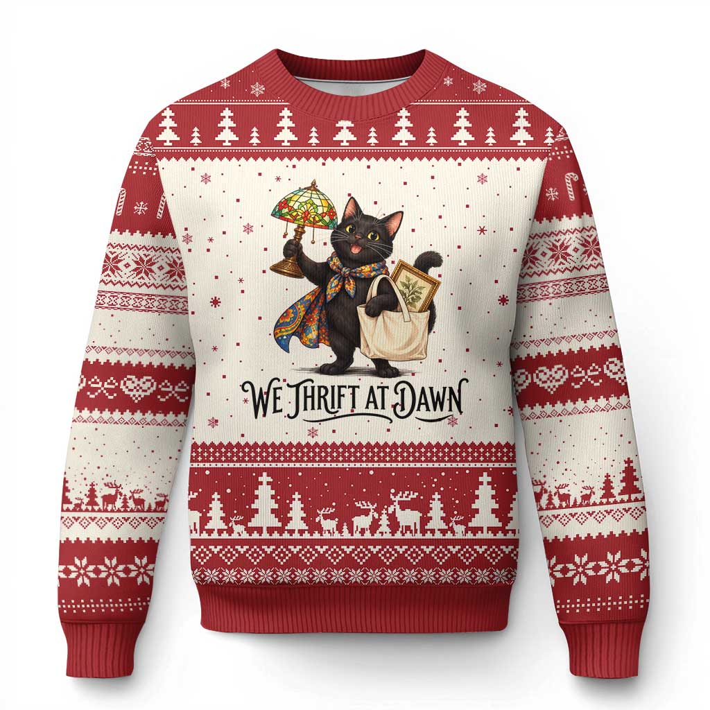 Funny Thrifting Black Cat Ugly Christmas Sweater We Thrift At Dawn Cat Lover Gift