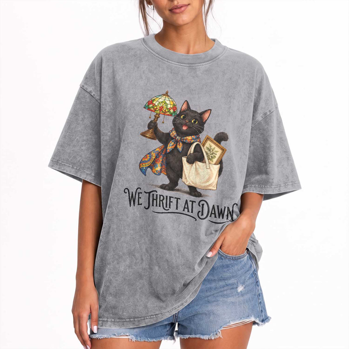 Funny Thrifting Black Cat Washed Cotton T-Shirt We Thrift At Dawn Cat Lover Gift