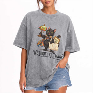 Funny Thrifting Black Cat Washed Cotton T-Shirt We Thrift At Dawn Cat Lover Gift