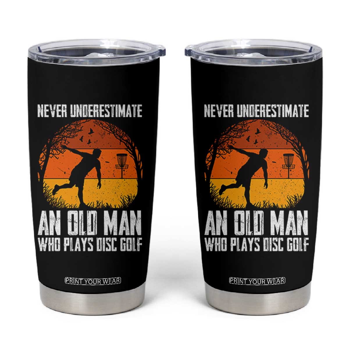 Disc Golf Lover Tumbler Cup Never Underestimate An Old Man Vintage Sunset Gift