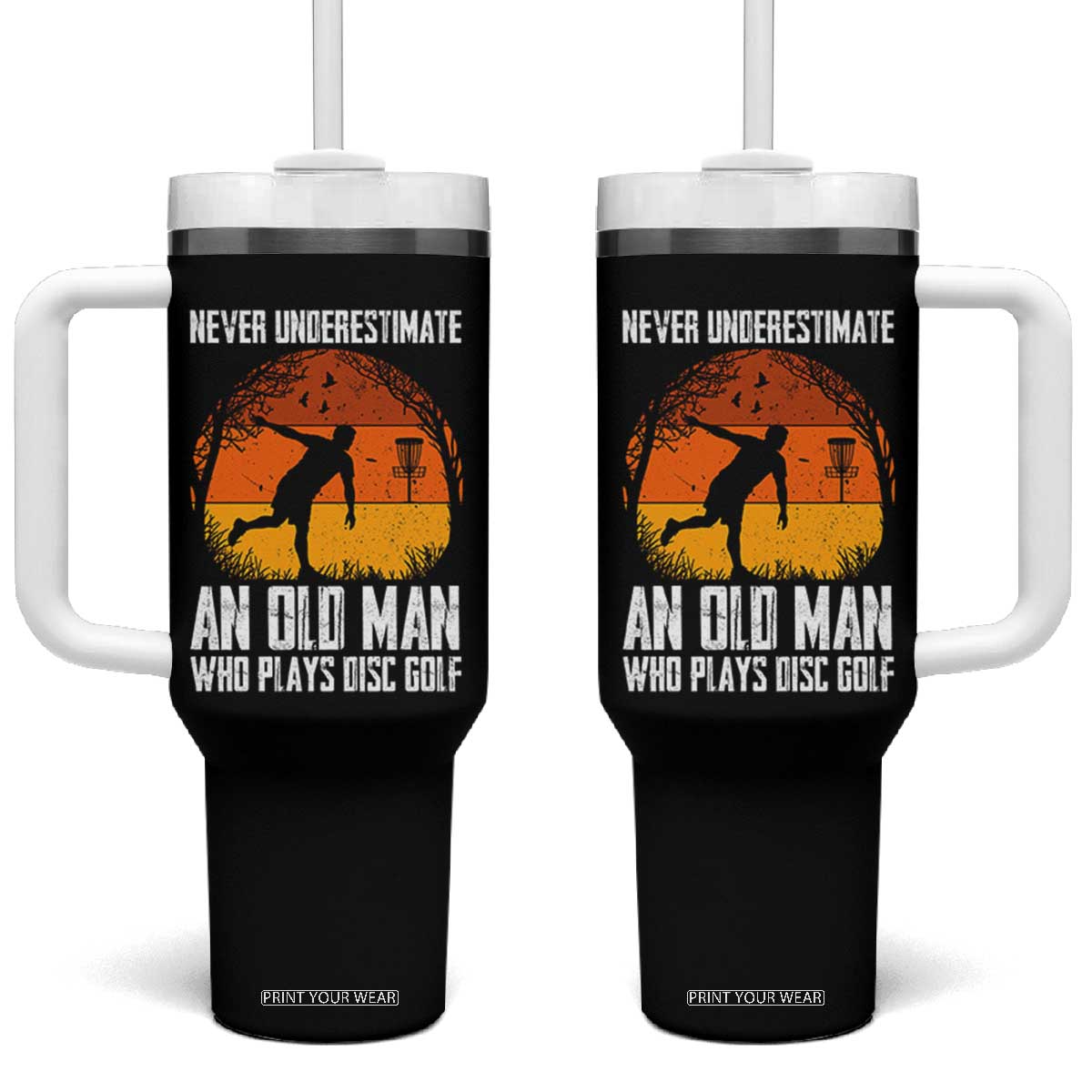 Disc Golf Lover Tumbler With Handle Never Underestimate An Old Man Vintage Sunset Gift