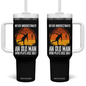 Disc Golf Lover Tumbler With Handle Never Underestimate An Old Man Vintage Sunset Gift