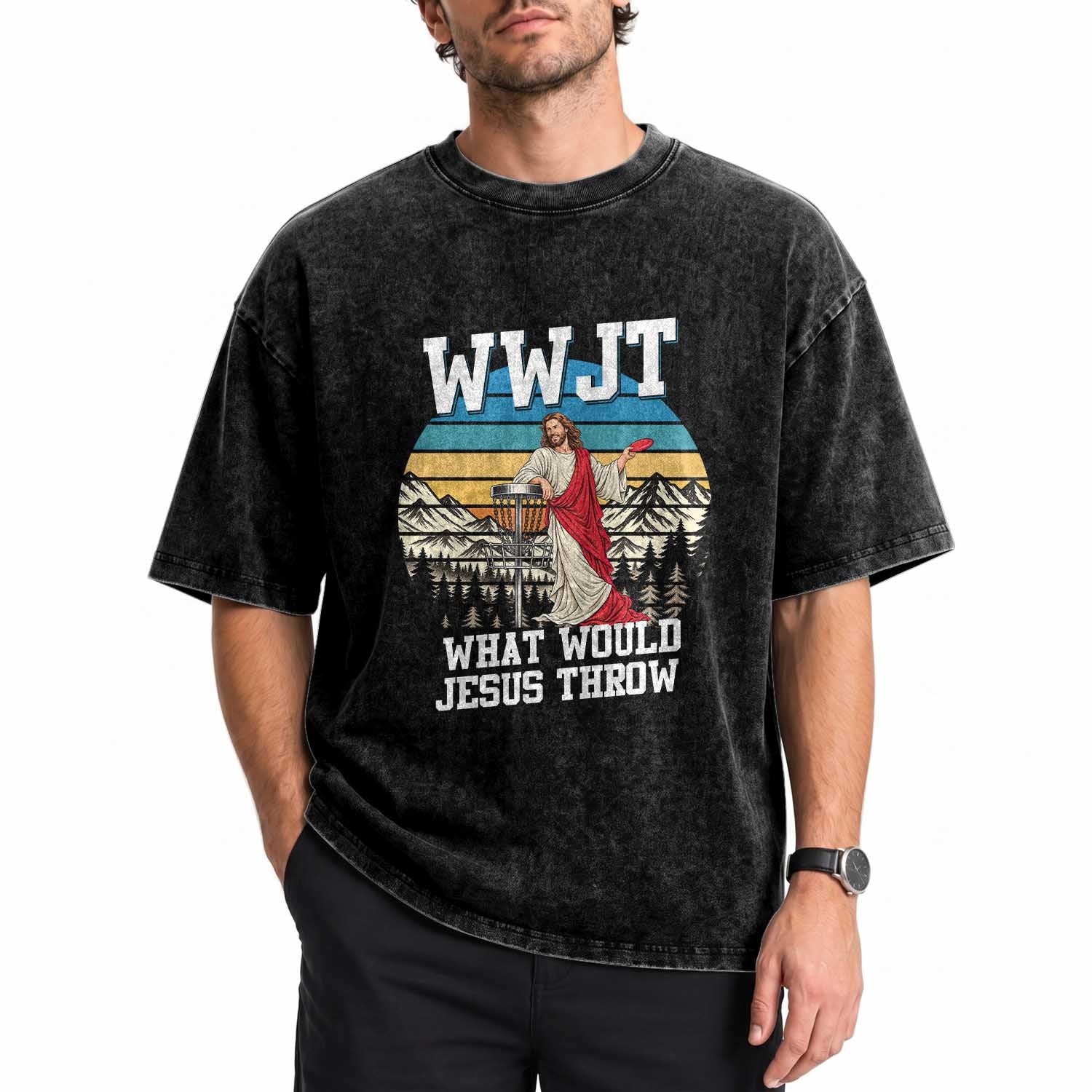 WWJT Disc Golf Lover Washed Cotton T-Shirt What Would Jesus Throw Christian Faith Vintage Sunset Gift