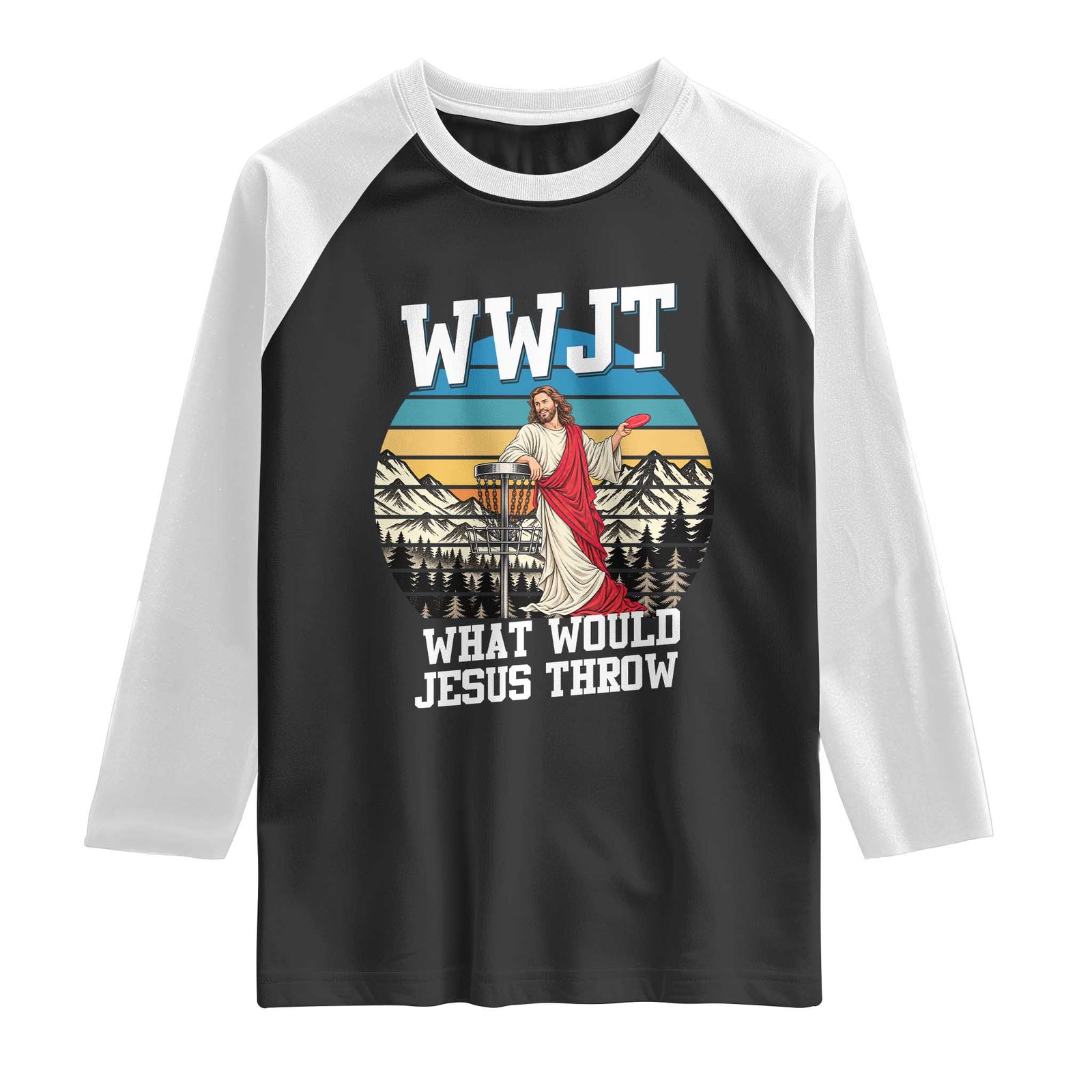 WWJT Disc Golf Lover Raglan Shirt What Would Jesus Throw Christian Faith Vintage Sunset Gift