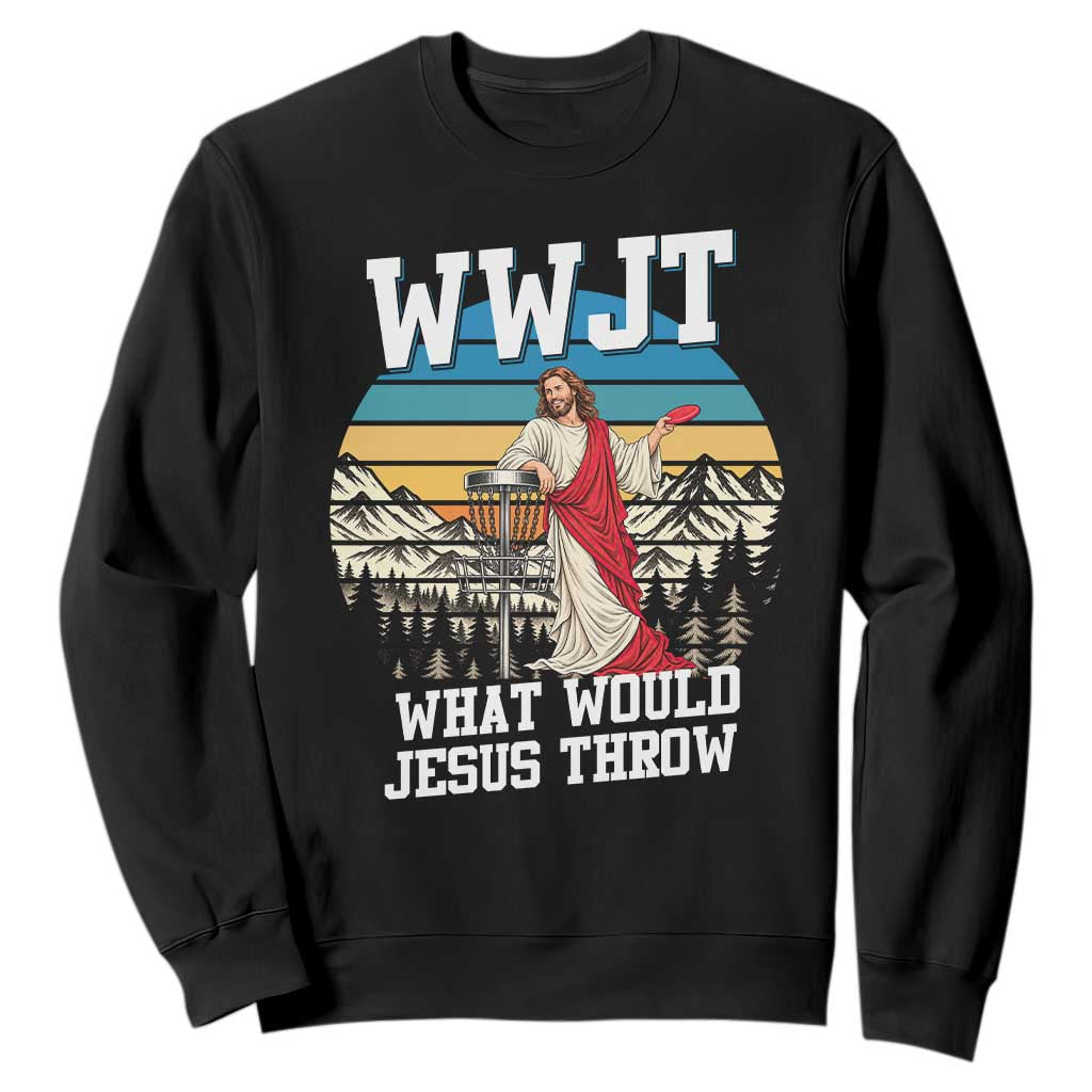 WWJT Disc Golf Lover Sweatshirt What Would Jesus Throw Christian Faith Vintage Sunset Gift