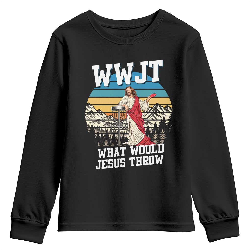 WWJT Disc Golf Lover Youth Sweatshirt What Would Jesus Throw Christian Faith Vintage Sunset Gift