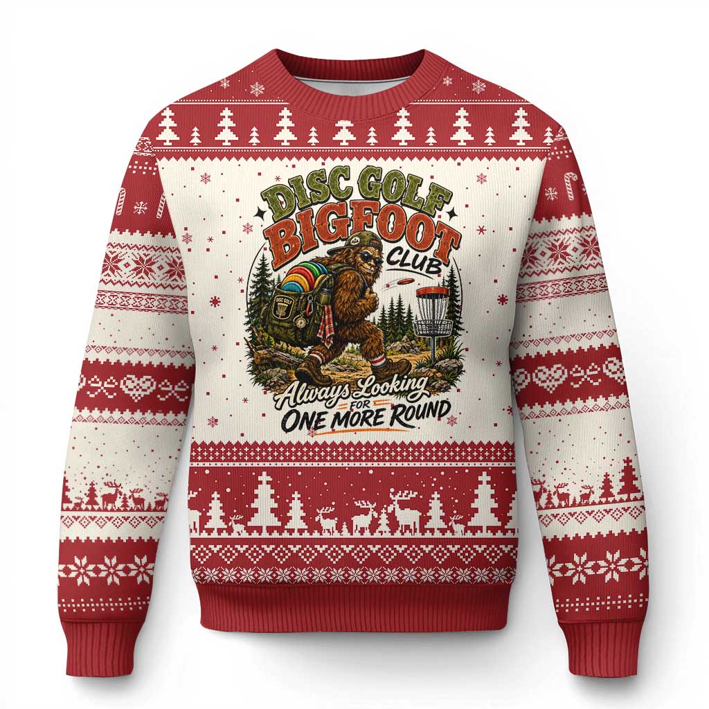 Disc Golf Bigfoot Club Ugly Christmas Sweater Always Looking For One More Round Cryptid Gift