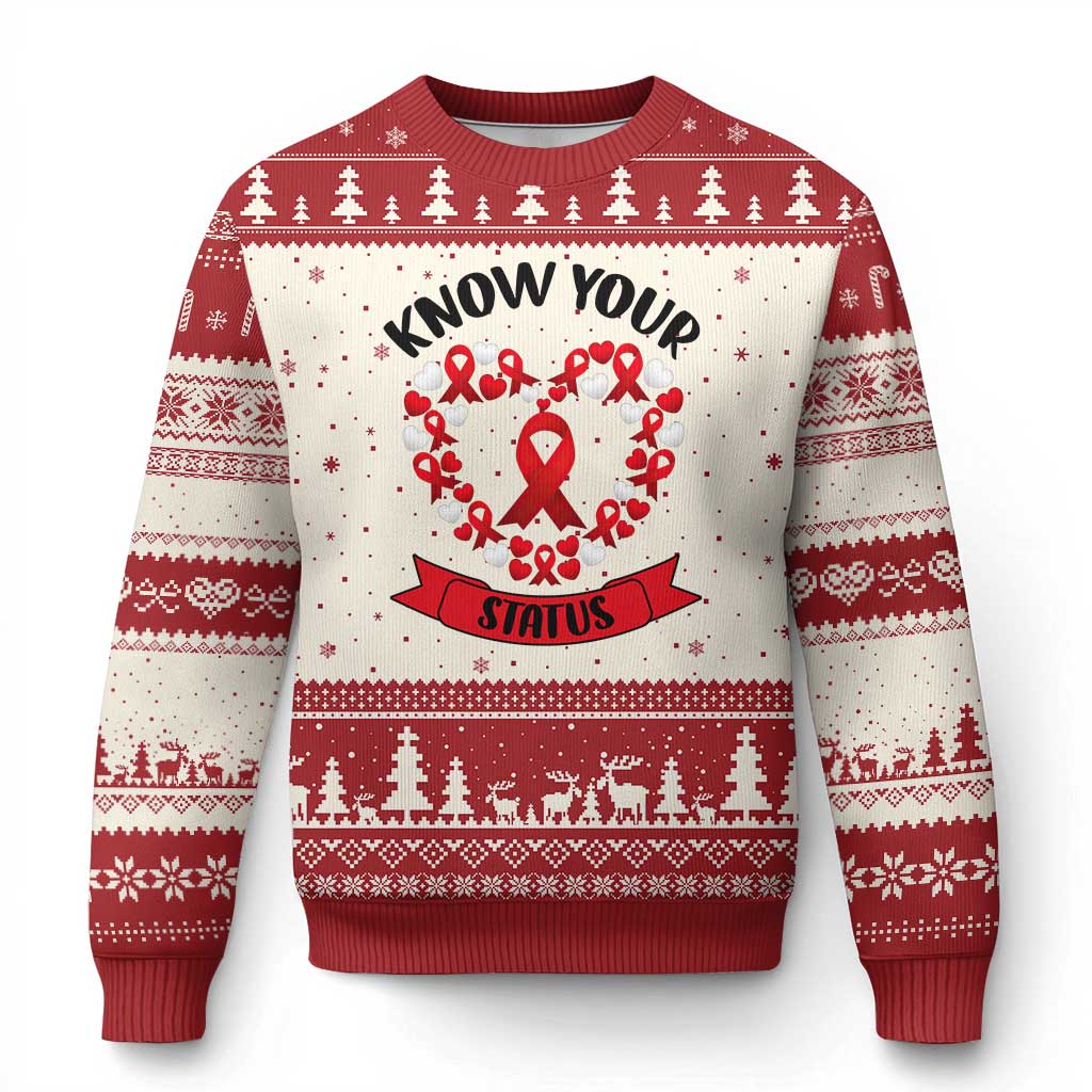 Know Your Status Red Ribbon HIV AIDS Awareness Support Month Gift Ugly Christmas Sweater TS12 Beige Red Print Your Wear