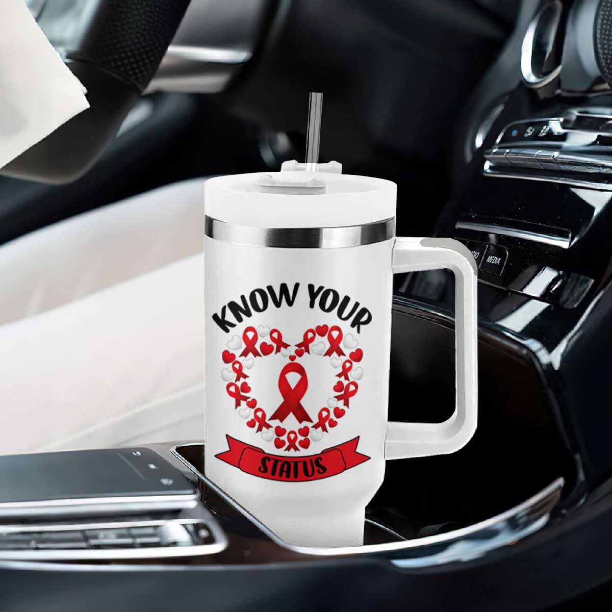 Know Your Status Red Ribbon HIV AIDS Awareness Support Month Gift Tumbler With Handle TS12 Print Your Wear