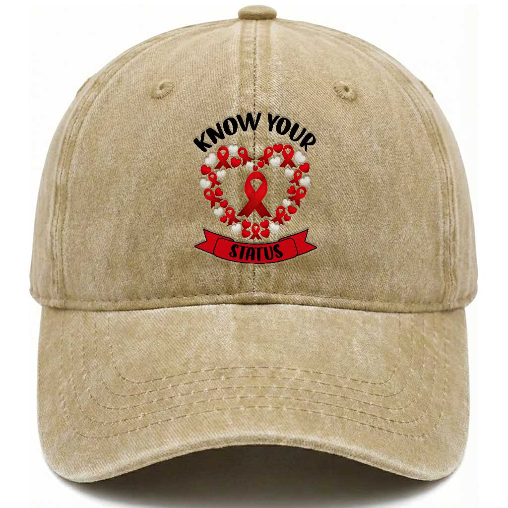 Know Your Status Red Ribbon HIV AIDS Awareness Support Month Gift Washed Cotton Baseball Cap TS12 Print Your Wear