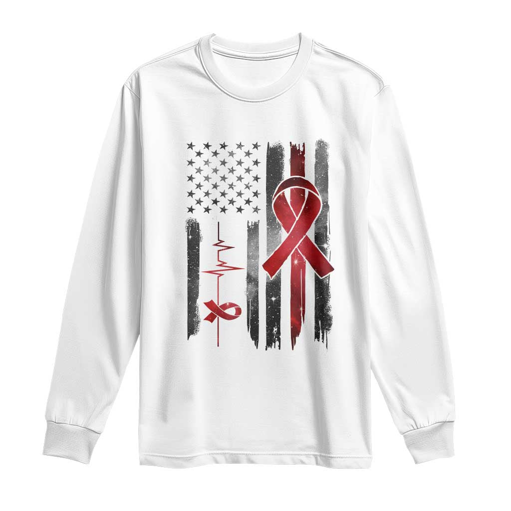 World AIDS Day Long Sleeve Shirt American Flag Red Ribbon Gift TS12 White Print Your Wear