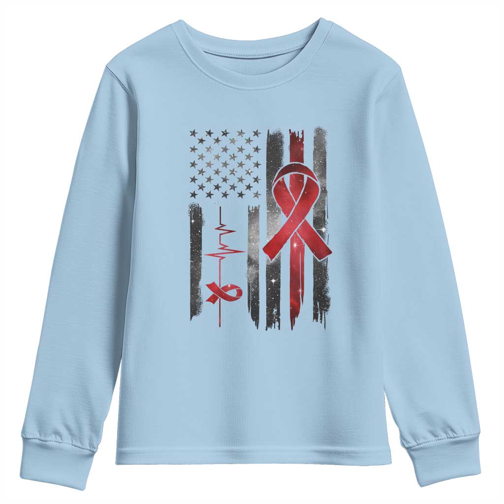World AIDS Day Youth Sweatshirt American Flag Red Ribbon Gift TS12 Light Blue Print Your Wear