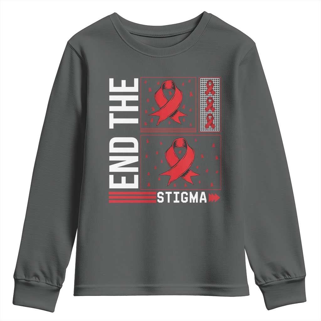 End The Stigma HIV Awareness Youth Sweatshirt Red Ribbon Gift TS12 Dark Heather Print Your Wear