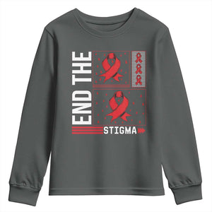 End The Stigma HIV Awareness Youth Sweatshirt Red Ribbon Gift TS12 Dark Heather Print Your Wear