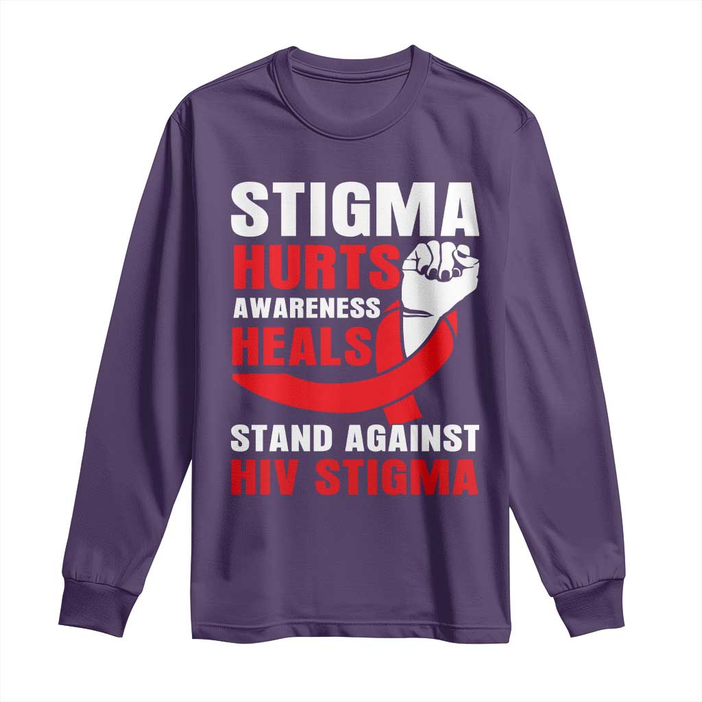 Stigma Hurts Awareness Heals Long Sleeve Shirt HIV Awareness Red Ribbon Support Gift TS12 Purple Print Your Wear