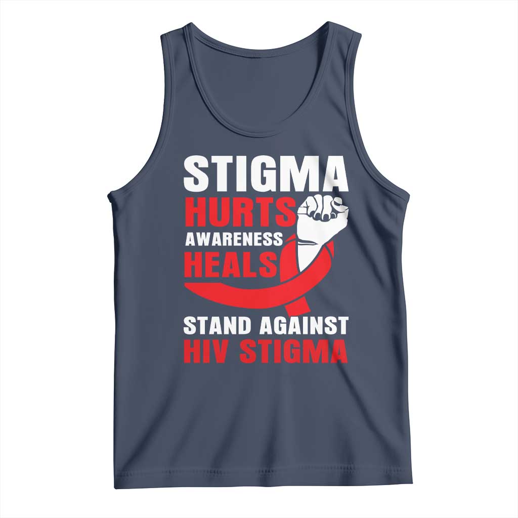 Stigma Hurts Awareness Heals Tank Top HIV Awareness Red Ribbon Support Gift TS12 Navy Print Your Wear