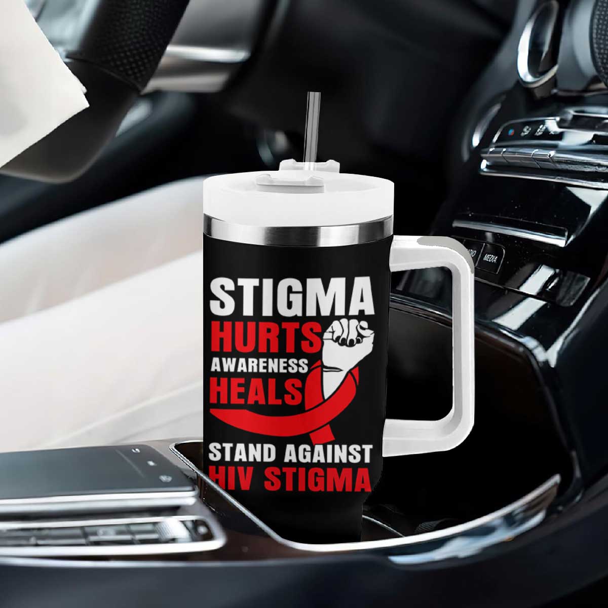 Stigma Hurts Awareness Heals Tumbler With Handle HIV Awareness Red Ribbon Support Gift TS12 Print Your Wear