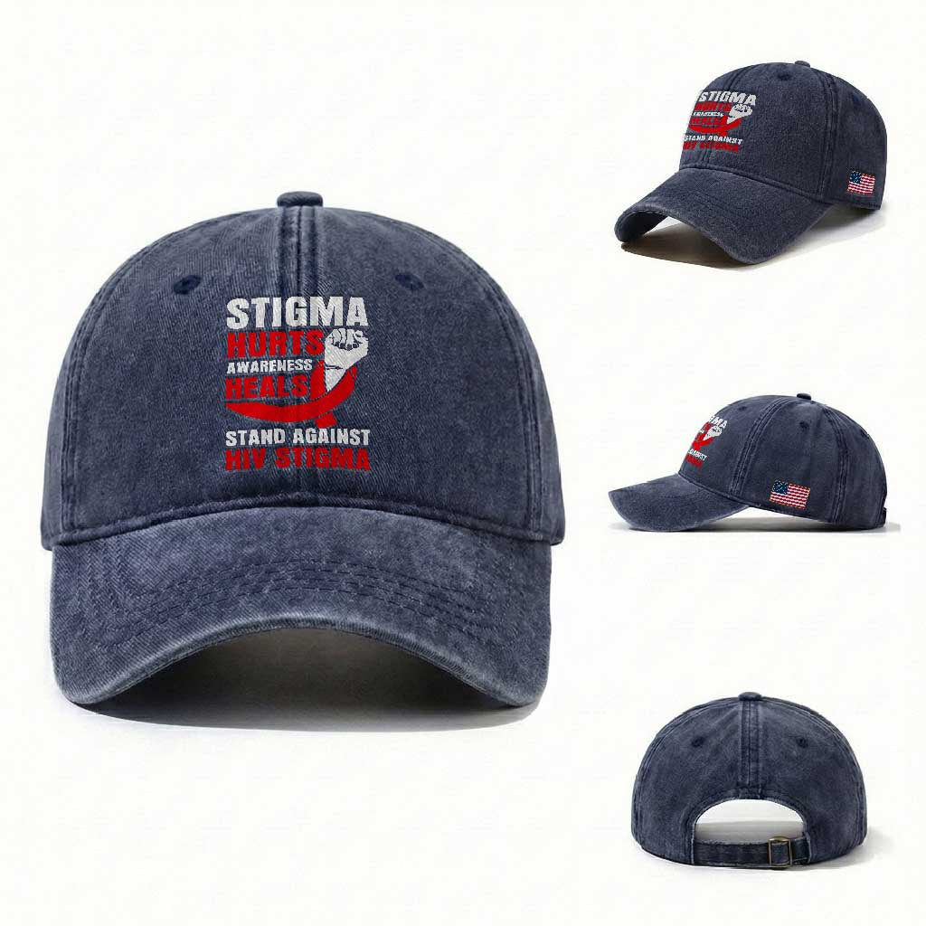Stigma Hurts Awareness Heals Washed Cotton Baseball Cap HIV Awareness Red Ribbon Support Gift TS12 Washed Cap Universal Fit Navy Print Your Wear