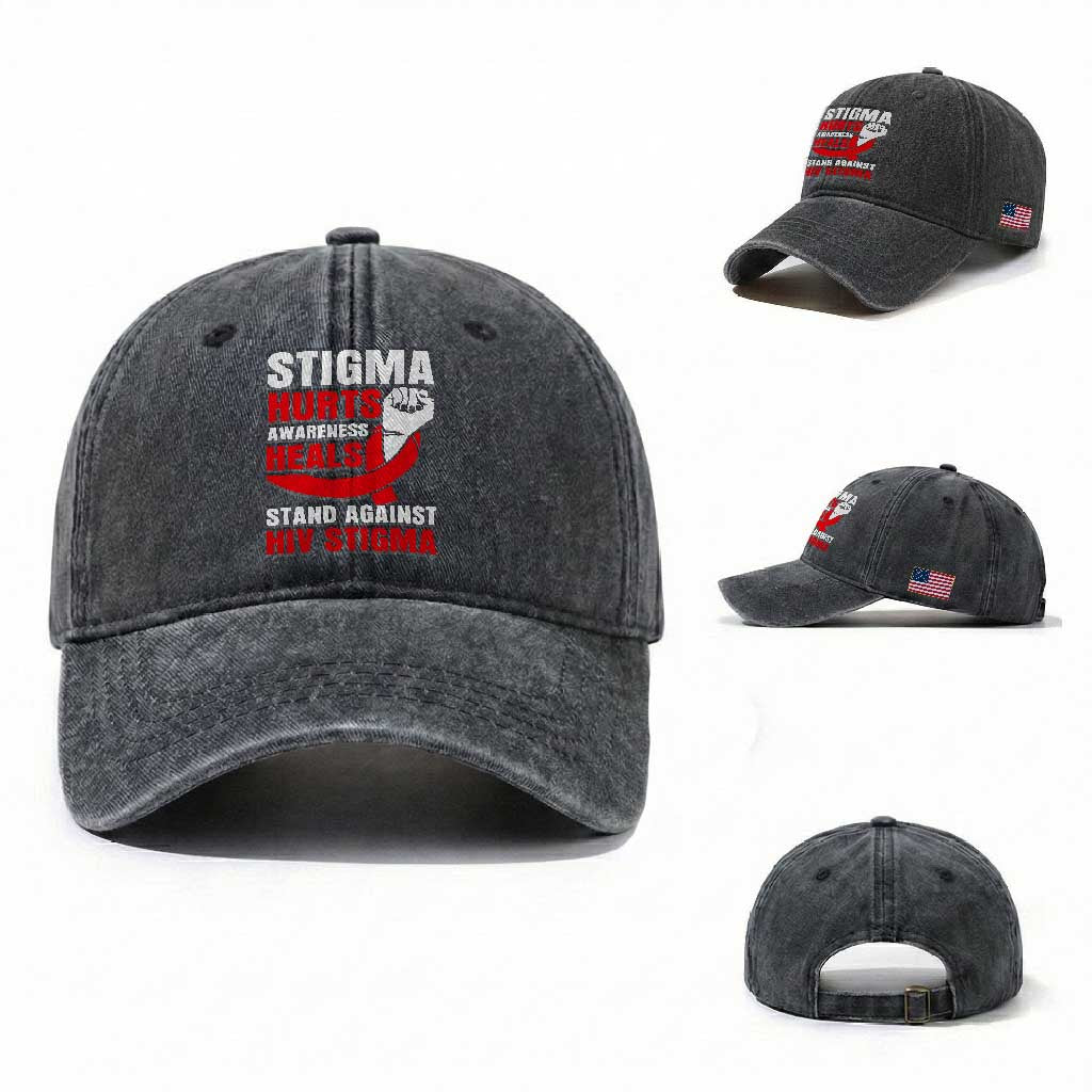 Stigma Hurts Awareness Heals Washed Cotton Baseball Cap HIV Awareness Red Ribbon Support Gift TS12 Washed Cap Universal Fit Dark Gray Print Your Wear