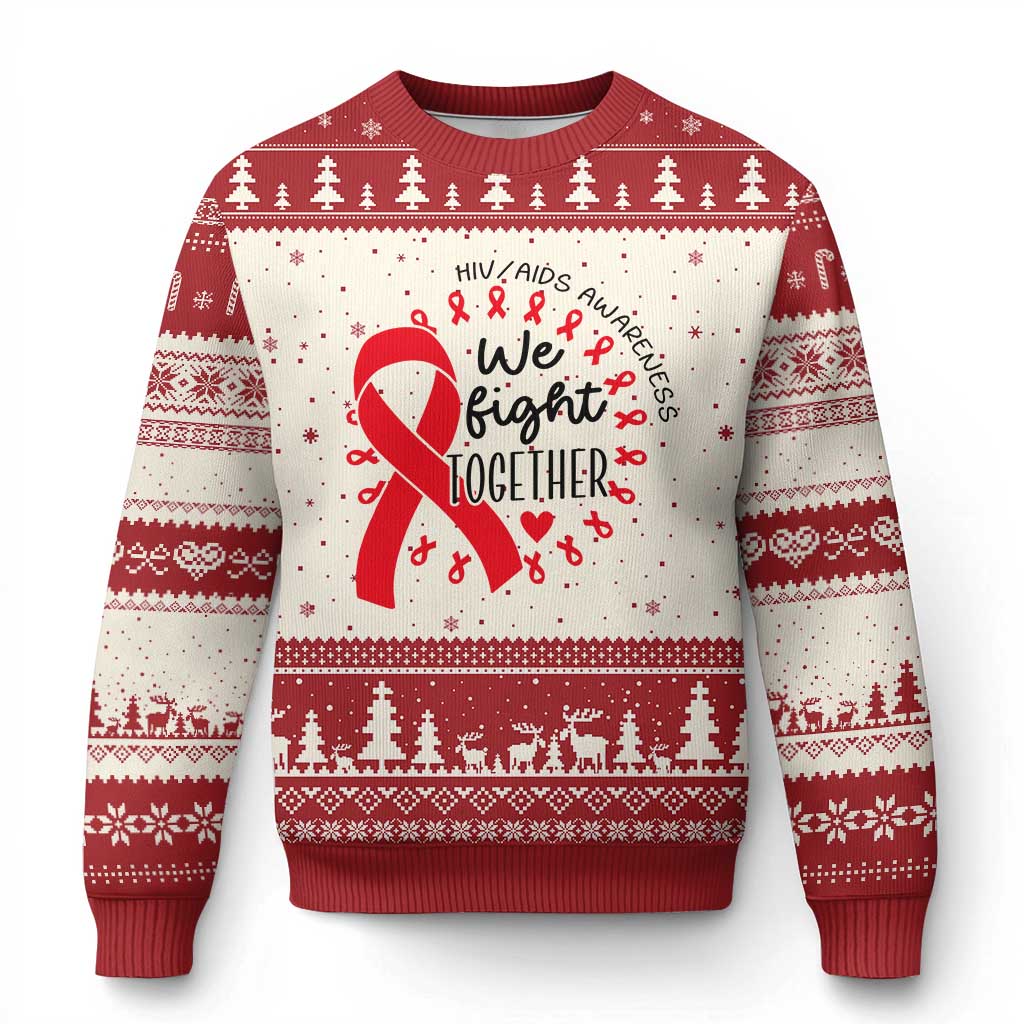 HIV Awareness Red Ribbon Support Gift Ugly Christmas Sweater We Fight Together TS12 Beige Red Print Your Wear