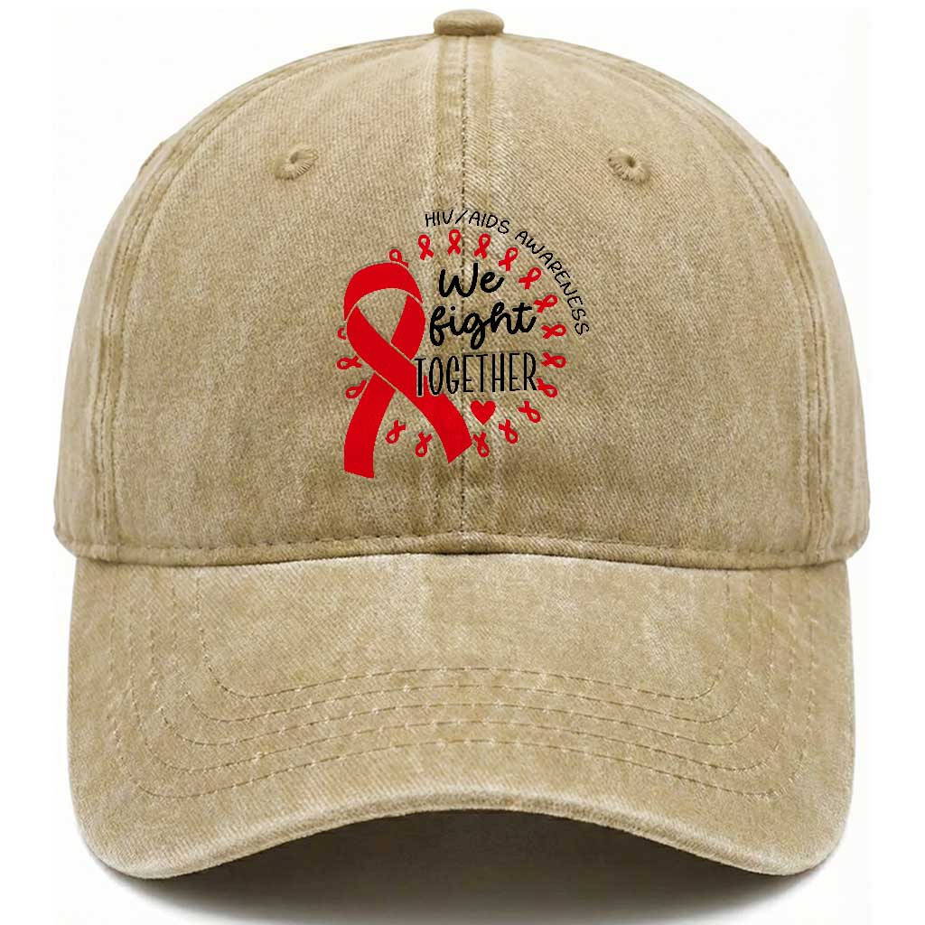 HIV Awareness Red Ribbon Support Gift Washed Cotton Baseball Cap We Fight Together TS12 Print Your Wear