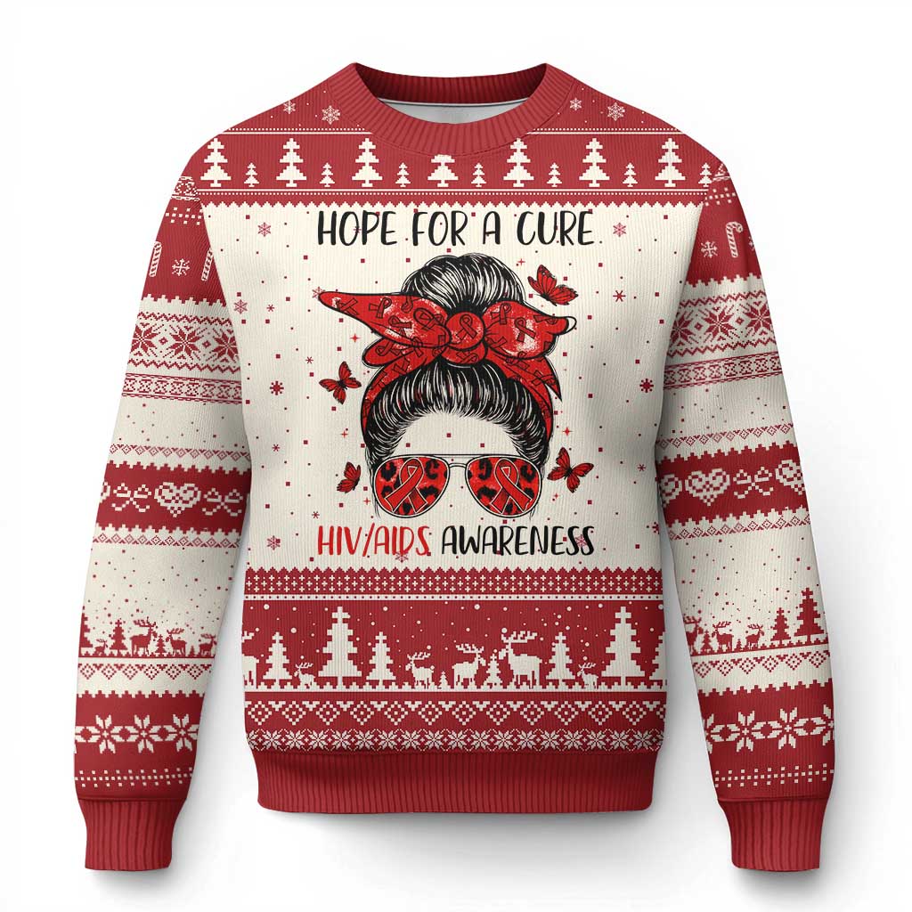 Hope For A Cure HIV Awareness Ugly Christmas Sweater Strong Woman Red Ribbon Gift TS12 Beige Red Print Your Wear