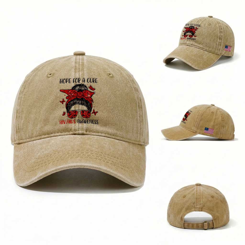 Hope For A Cure HIV Awareness Washed Cotton Baseball Cap Strong Woman Red Ribbon Gift TS12 Washed Cap Universal Fit Khaki Print Your Wear