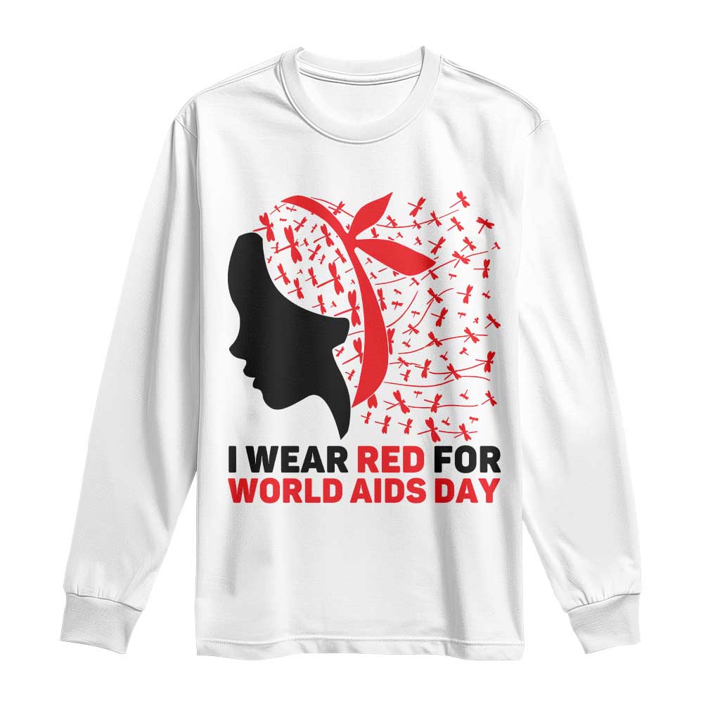 I Wear Red For World AIDS Day Long Sleeve Shirt HIV Awareness Dragonfly Support Gift TS12 White Print Your Wear