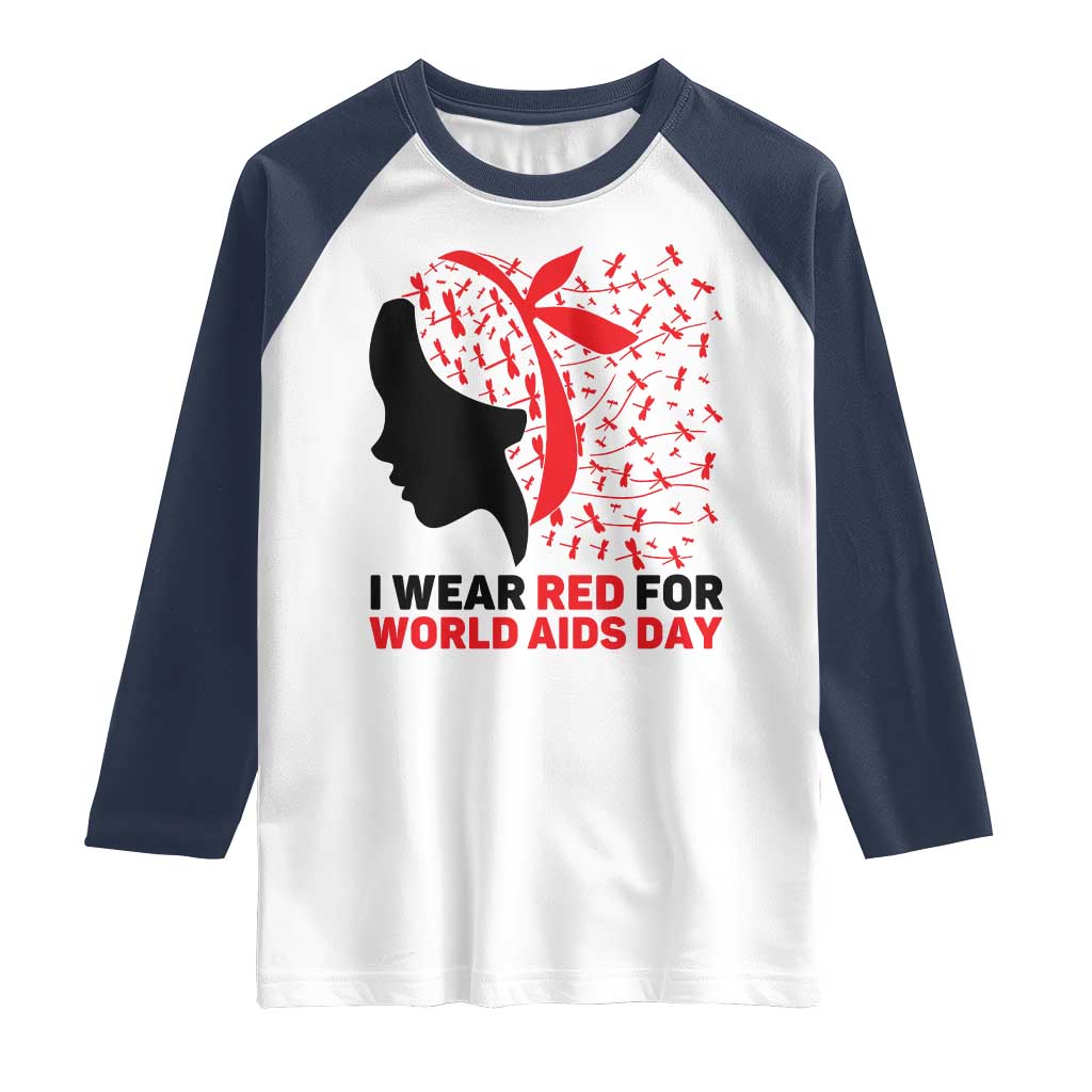 I Wear Red For World AIDS Day Raglan Shirt HIV Awareness Dragonfly Support Gift TS12 White Navy Print Your Wear