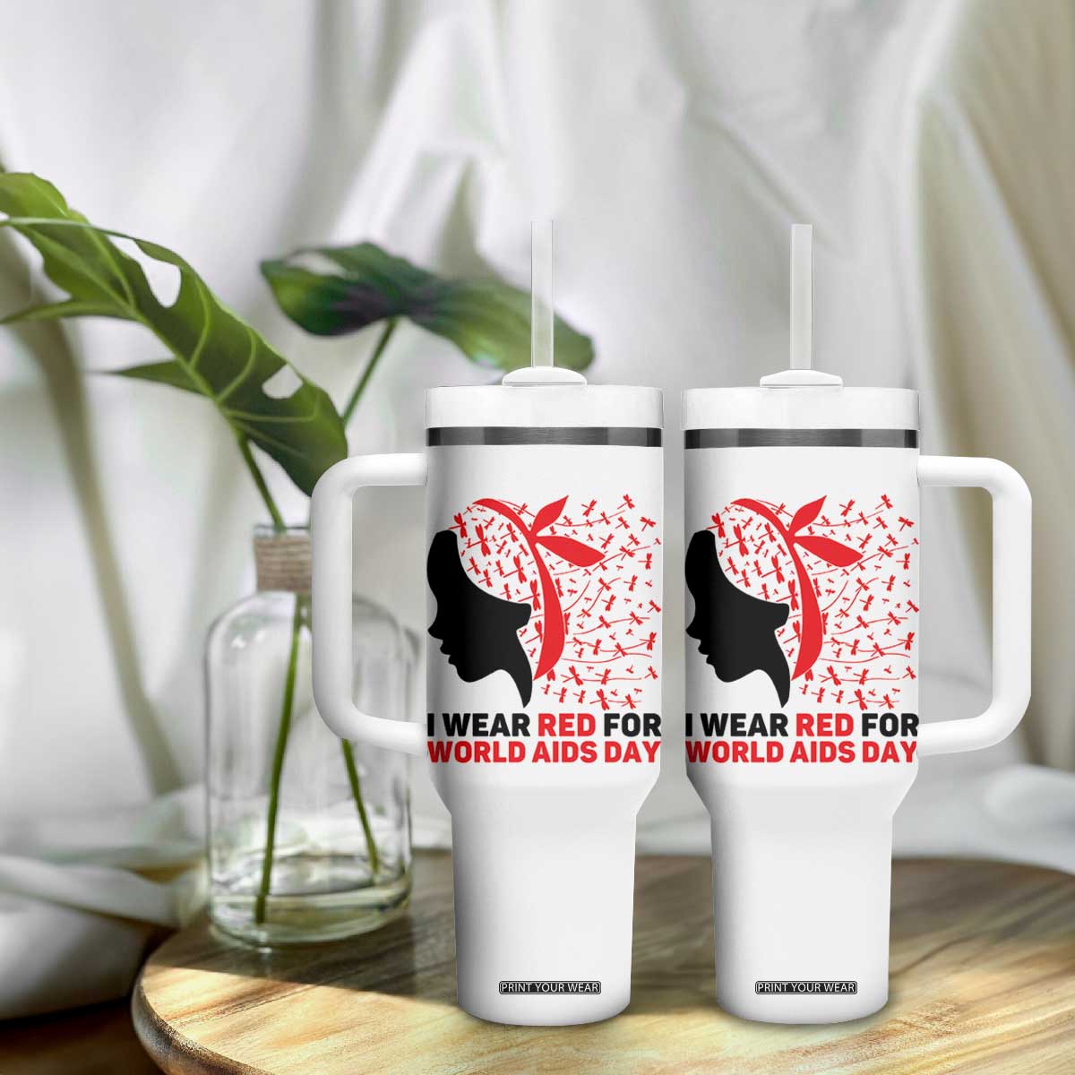 I Wear Red For World AIDS Day Tumbler With Handle HIV Awareness Dragonfly Support Gift TS12 Print Your Wear