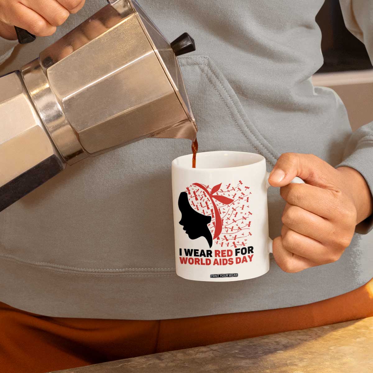 I Wear Red For World AIDS Day Coffee Mug HIV Awareness Dragonfly Support Gift TS12 Print Your Wear