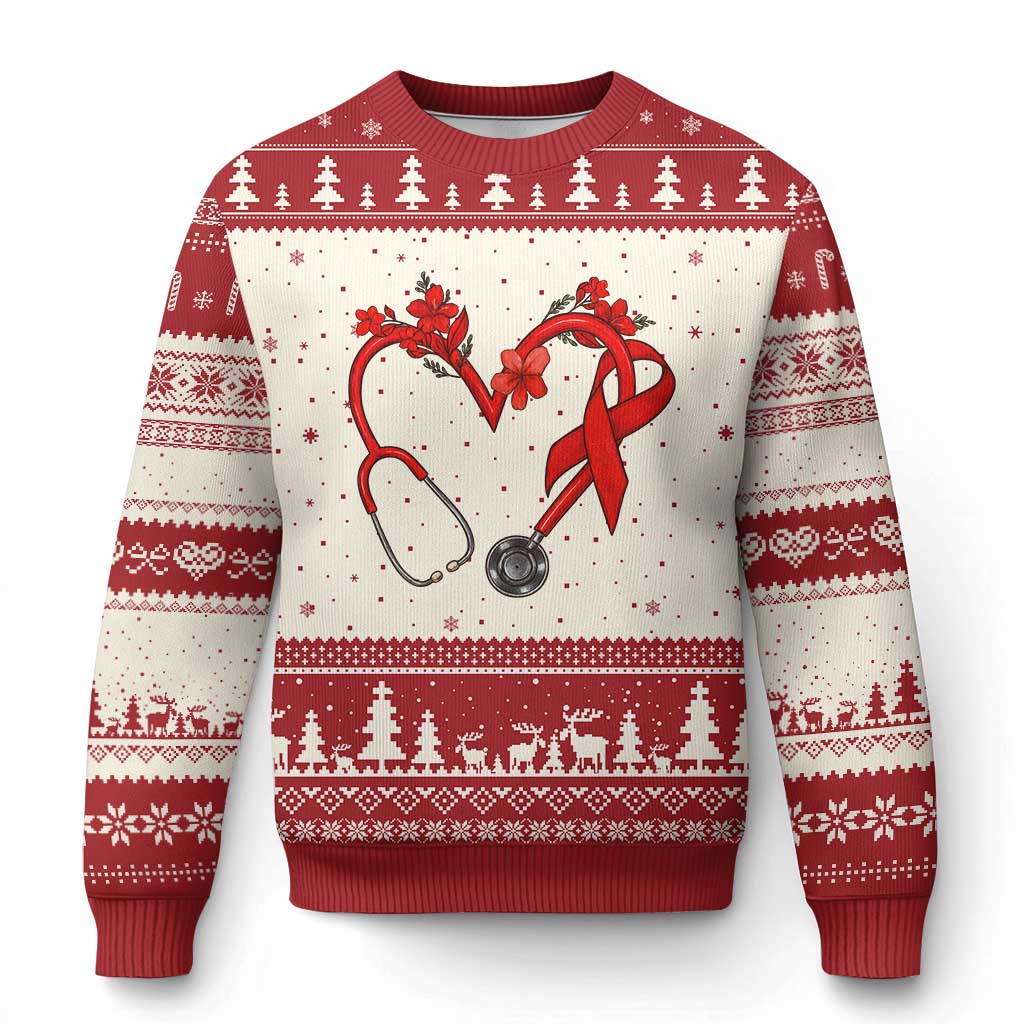 Healthcare Hero HIV Awareness Ugly Christmas Sweater Red Ribbon Support Gift TS12 Beige Red Print Your Wear