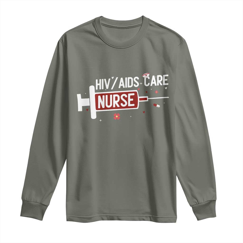 HIV AIDS Care Nurse Long Sleeve Shirt Red Ribbon Support Gift TS12 Military Green Print Your Wear