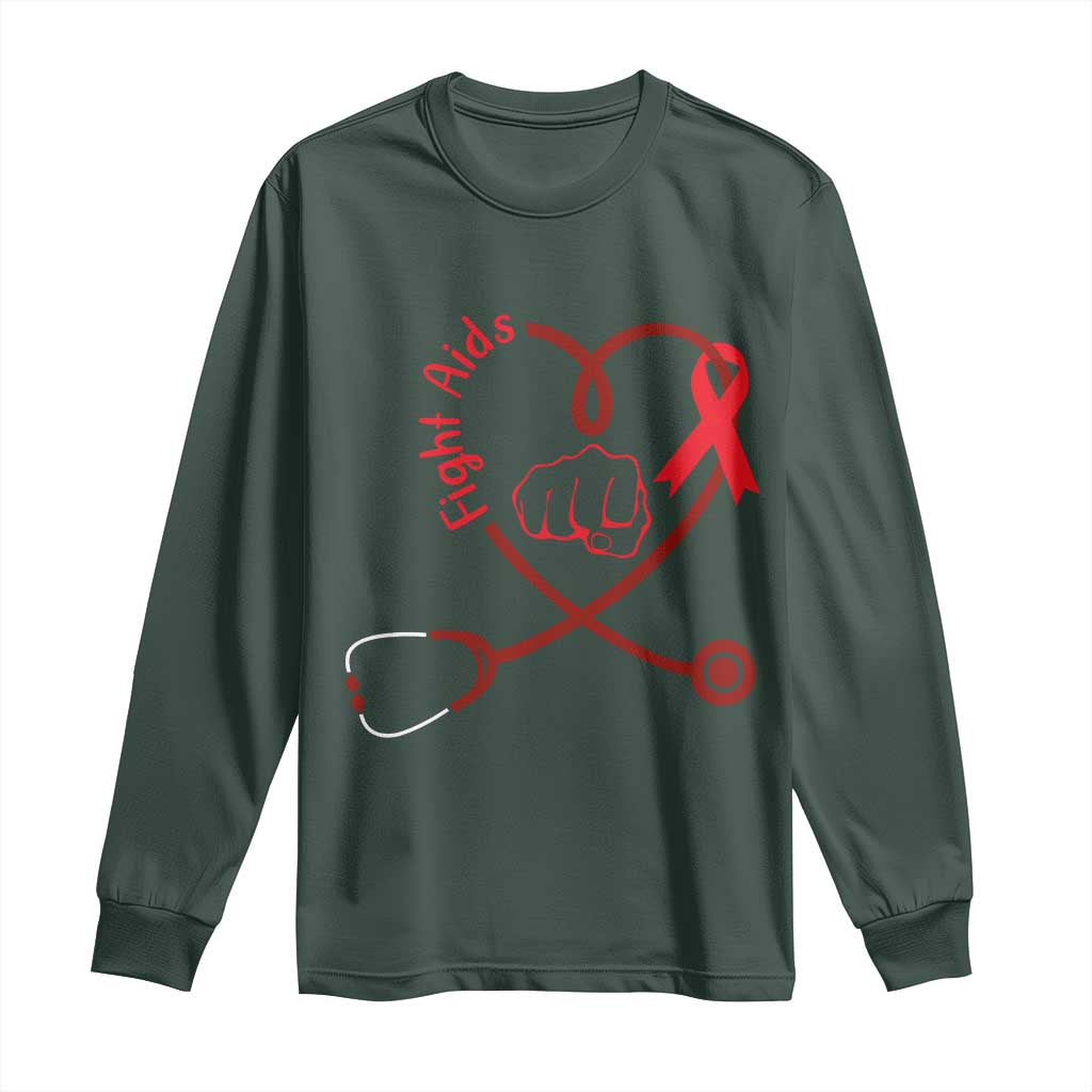 Fight AIDS Nurse Long Sleeve Shirt Red Ribbon HIV Awareness Gift TS12 Dark Forest Green Print Your Wear