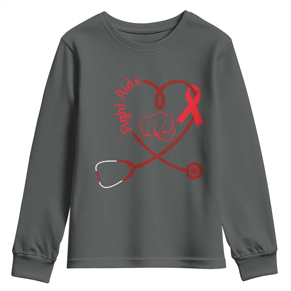 Fight AIDS Nurse Youth Sweatshirt Red Ribbon HIV Awareness Gift TS12 Dark Heather Print Your Wear