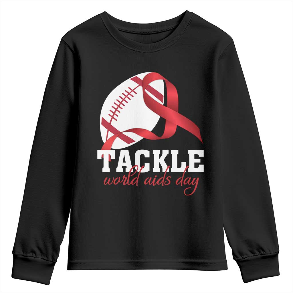 Tackle World AIDS Day Youth Sweatshirt Red Ribbon Football Awareness Gift TS12 Black Print Your Wear