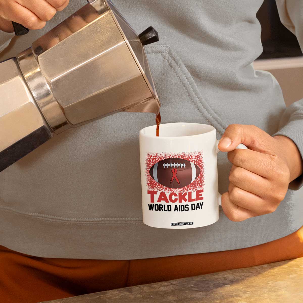 Tackle World AIDS Day Coffee Mug Football HIV Awareness Red Ribbon TS12 Print Your Wear
