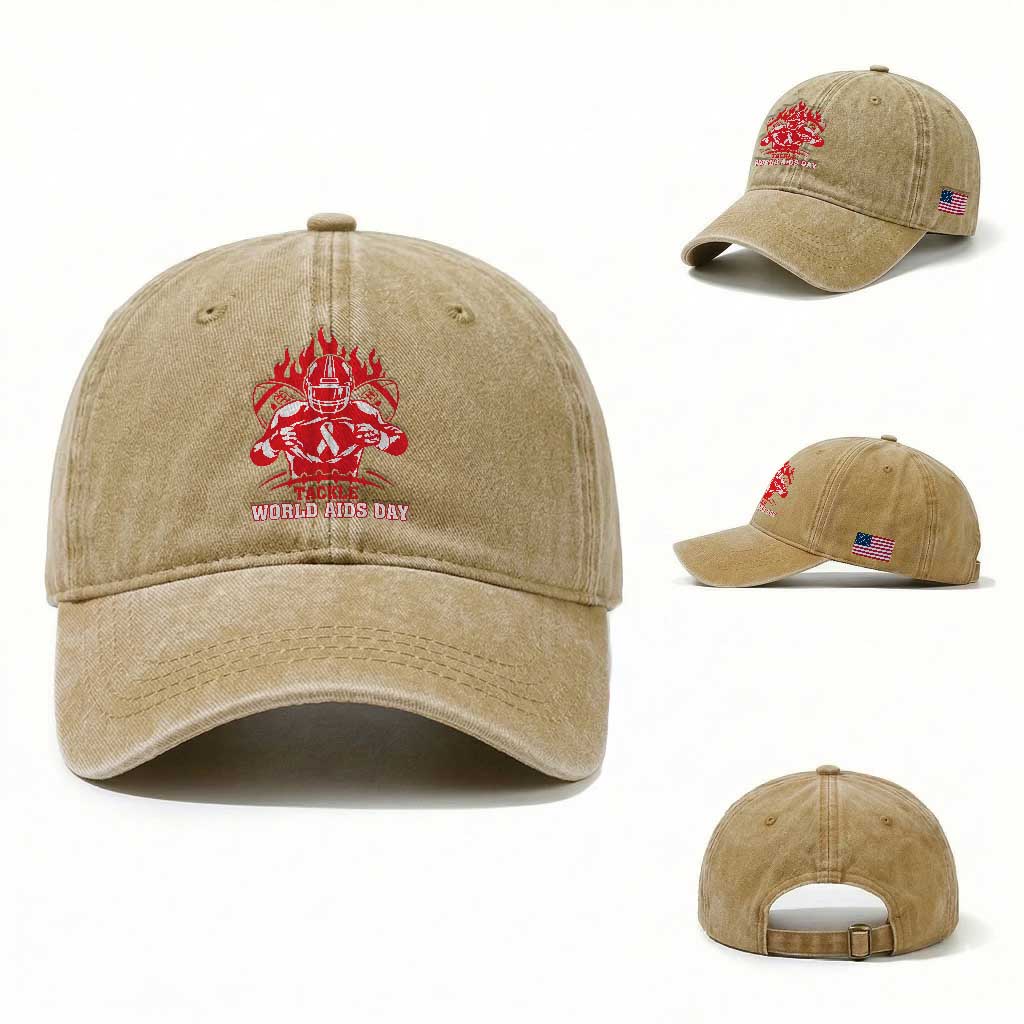 AIDS Awareness Washed Cotton Baseball Cap Ribbon HIV Tackle Football Gift TS12 Washed Cap Universal Fit Khaki Print Your Wear