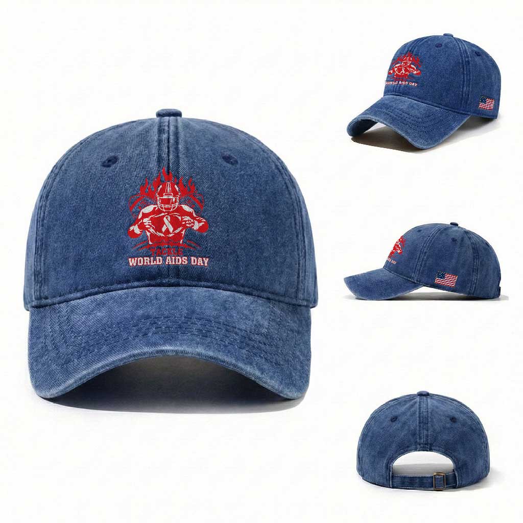 AIDS Awareness Washed Cotton Baseball Cap Ribbon HIV Tackle Football Gift TS12 Washed Cap Universal Fit Royal Blue Print Your Wear