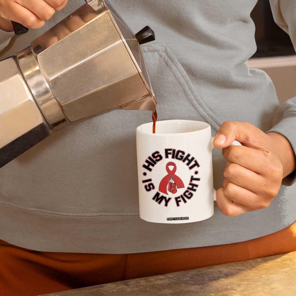 HIV Warrior His Fight My Fight Coffee Mug Red Ribbon Boxing Gift TS12 Print Your Wear