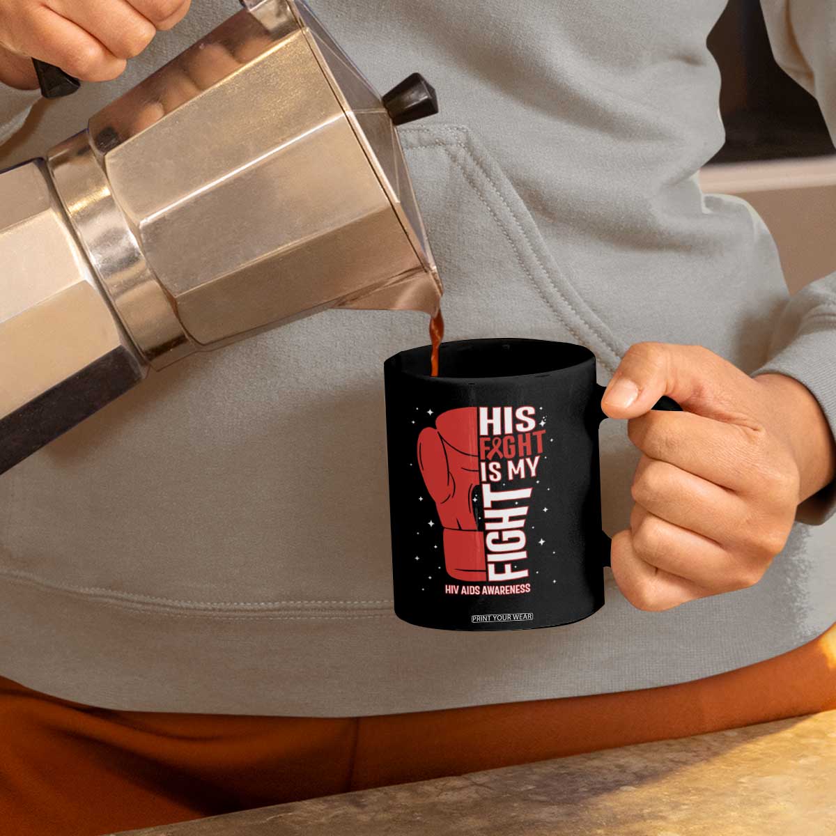 His Fight My Fight Coffee Mug Red Ribbon HIV Awareness Boxing Gift TS12 Print Your Wear