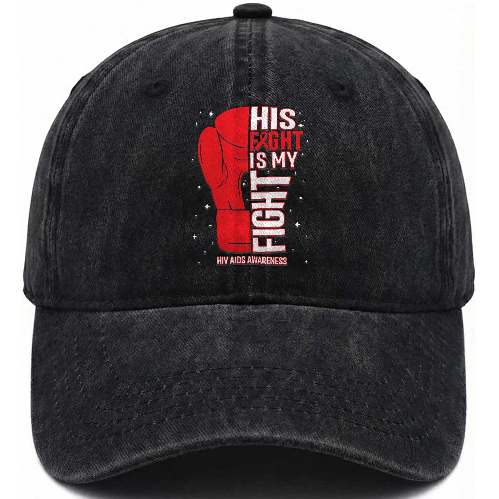 His Fight My Fight Washed Cotton Baseball Cap Red Ribbon HIV Awareness Boxing Gift TS12 Print Your Wear