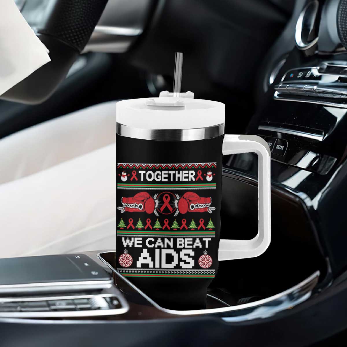 Together We Can Beat AIDS Tumbler With Handle HIV Awareness Boxing Ugly Sweater Gift TS12 Print Your Wear