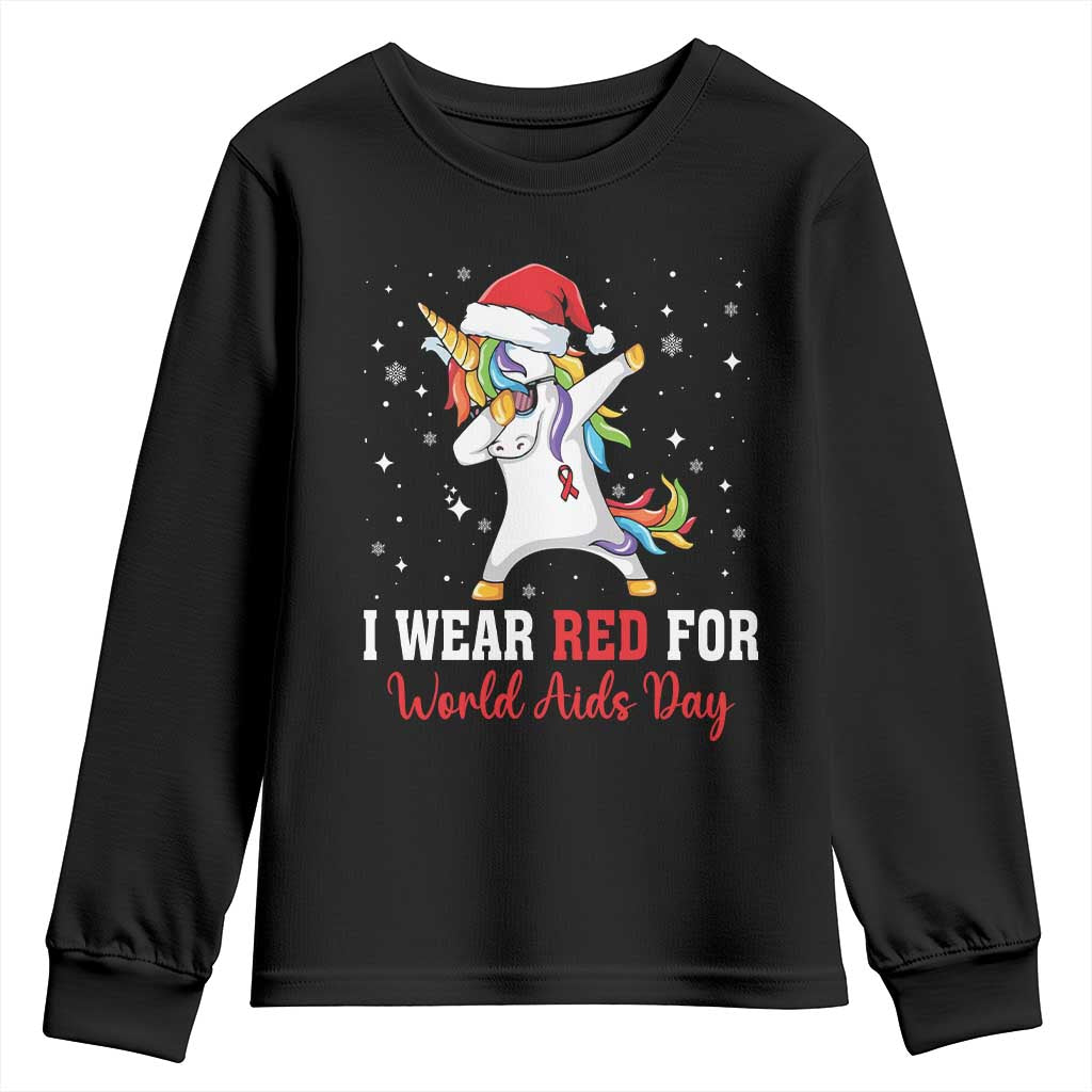 I Wear Red For World AIDS Day Youth Sweatshirt Santa Unicorn Dabbing Christmas Gift TS12 Black Print Your Wear