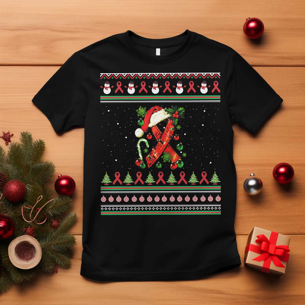 Santa Red Ribbon HIV Awareness T Shirt Ugly Sweater Christmas Gift TS12 Black Print Your Wear