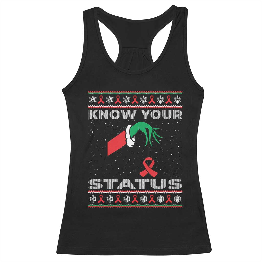 Funny Know Your Status Green Hand Racerback Tank Top Red Ribbon HIV Ugly Sweater Gift TS12 Black Print Your Wear