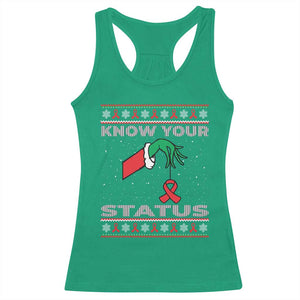 Funny Know Your Status Green Hand Racerback Tank Top Red Ribbon HIV Ugly Sweater Gift TS12 Irish Green Print Your Wear
