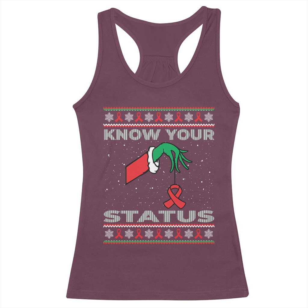 Funny Know Your Status Green Hand Racerback Tank Top Red Ribbon HIV Ugly Sweater Gift TS12 Maroon Print Your Wear